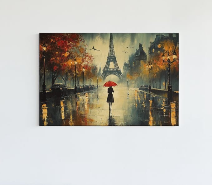 Canvas Schilderij - Eiffeltoren en Vrouw - Kunst - 120x80x2 cm