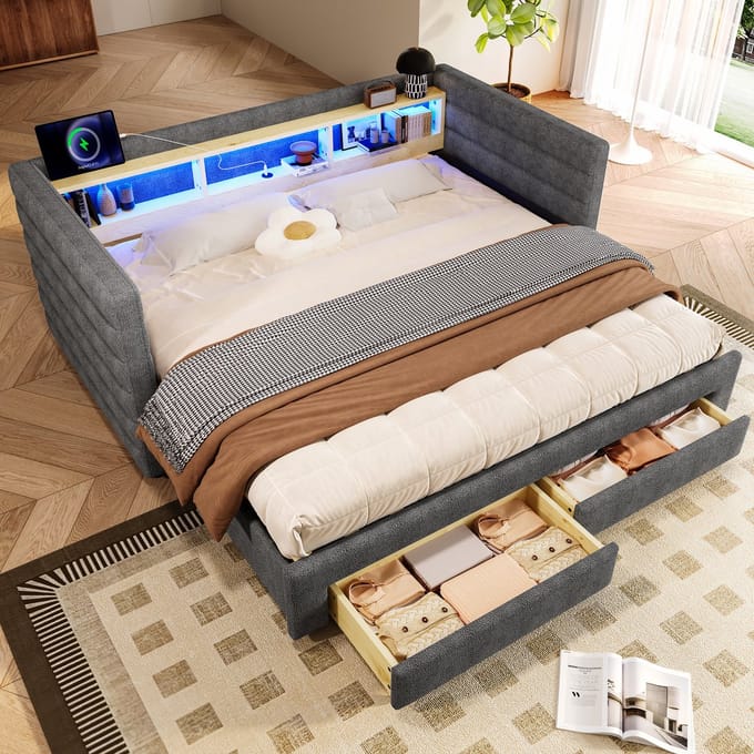 MODFU Bedframe 90x190 cm van MDF en fluweel, grijs, met uitschuifbed, opbergladen en LED