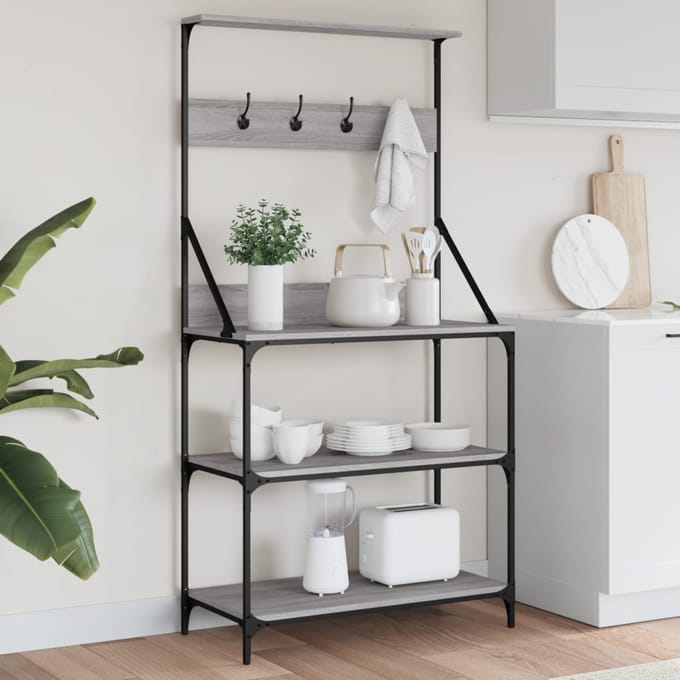 vidaXL - Bakkersrek - met - haken - 4-laags - bewerkt - hout - grijs - sonoma - eiken