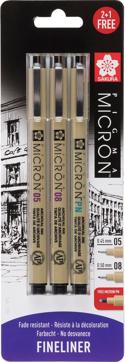 Sakura - Pigma Micron 05/08 Fineliner - Zwart - Plus gratis PN pen - Per 3 verpakt