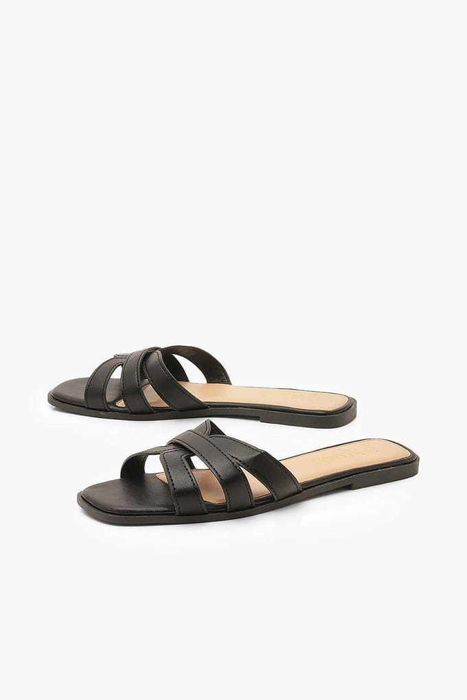 boohoo Dames Wide Fit Cross Strap Sliders | Zwart | Maat: 37