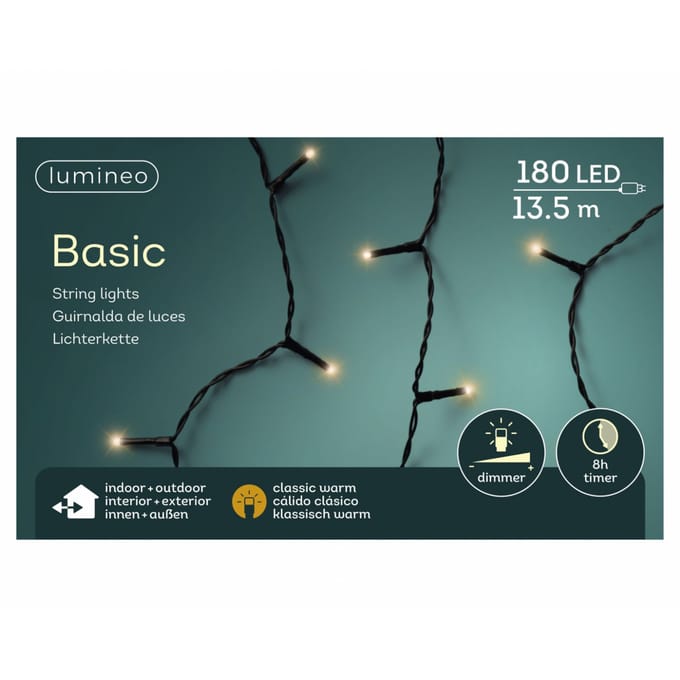 Lumineo Kerstverlichting - 180 leds - klassiek warm wit -1350 cm - black cable - timer en dimmer