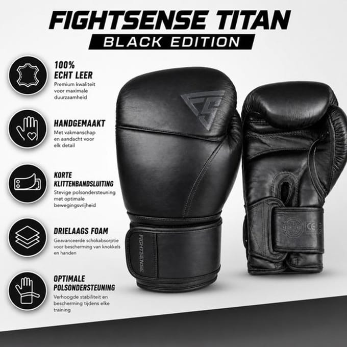 Fightsense Titan Black Edition - 12 oz - Bokshandschoenen – Premium Echt Leer – All Black – Training & Sparren
