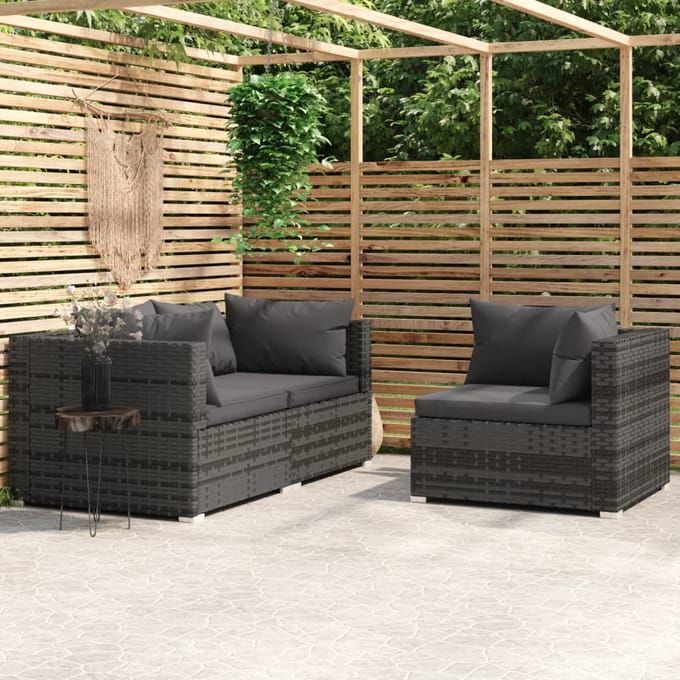 vidaXL - 3-delige - Loungeset - met - kussens - poly - rattan - grijs