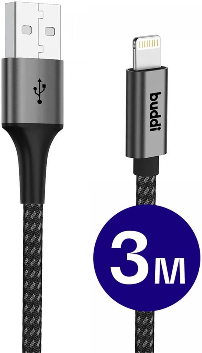 Buddi Flex | USB-A naar Lightning Kabel 12W Fast Charge | 480Mbps Dataoverdracht | Gevlochten Nylon | 3M | 3 Meter | Zwart