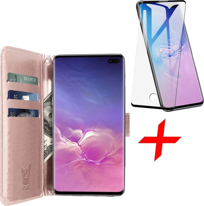 Hoesje geschikt voor Samsung Galaxy S10 Plus - Screen Protector FullGuard - Book Case Kunstleer Pasjeshouder Rosegoud & Screenprotector