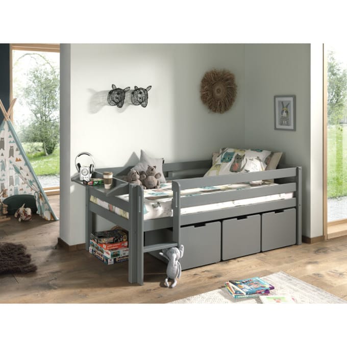 LUCEVI - Pino Halfhoogslaper H85CM + Ladder + Set van 3 Laden + Hangplank - Grijs - 90x200 cm