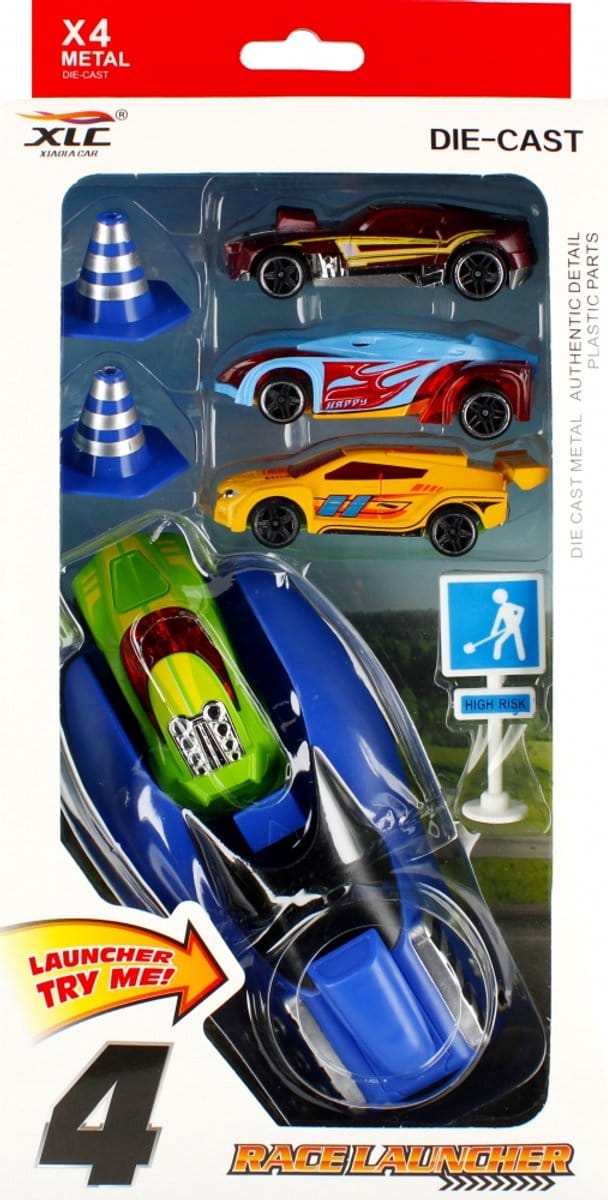 Mega Creative Metal Race Auto met Lanceerder - 4 Auto's