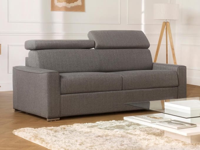 Vente-unique Driezitsslaapbank express VIZIR van stof - Grijs - Bed 140 cm - Matras 18 cm