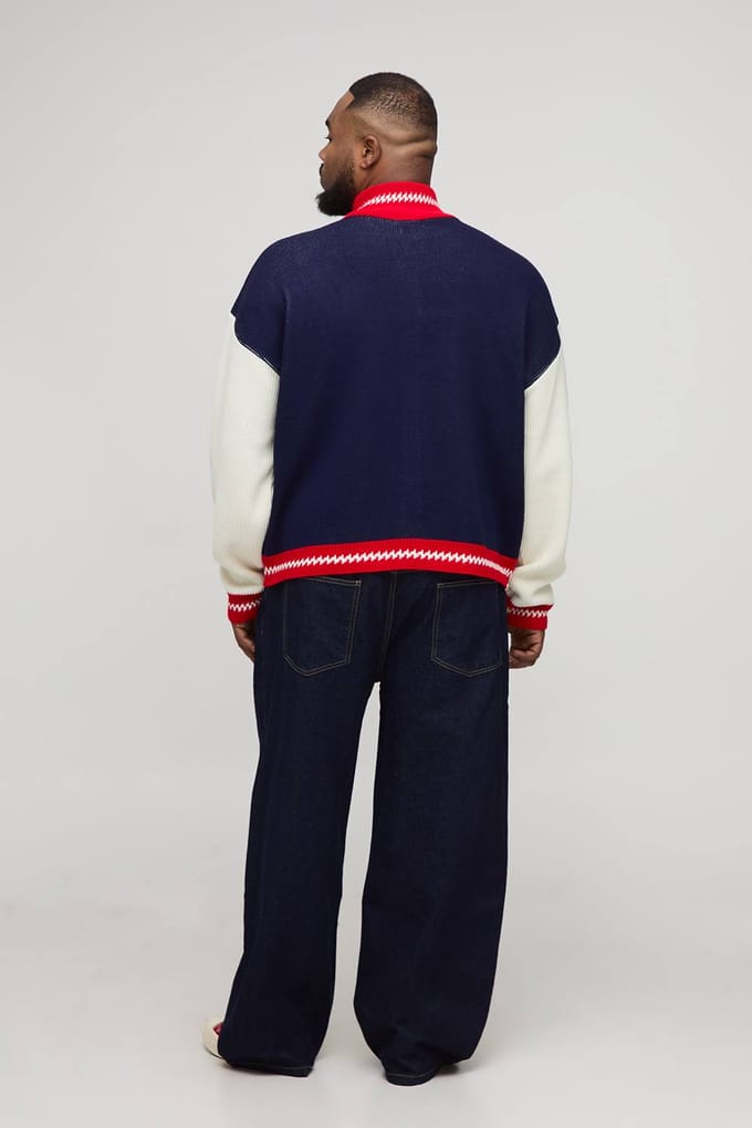 Plus Oversized Zip Up Funnel Neck Homme Knitted Jacket | Navy | Size 2XL