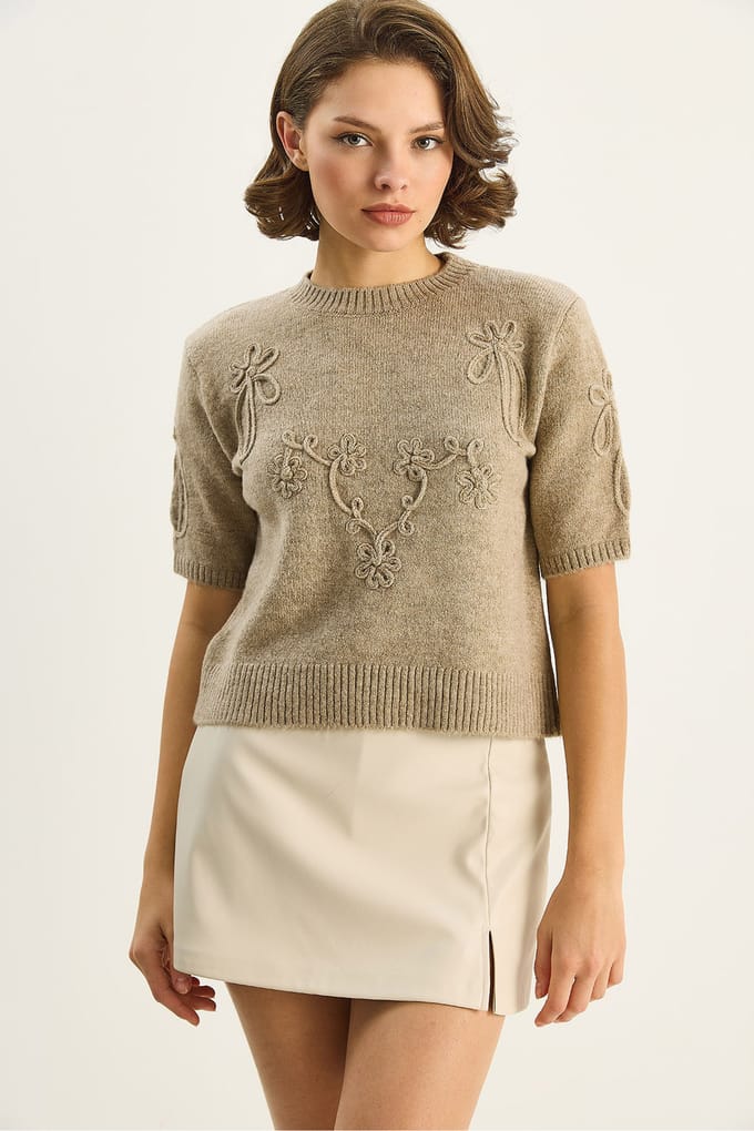 Geborduurd Crew Neck Gebreid Sweater