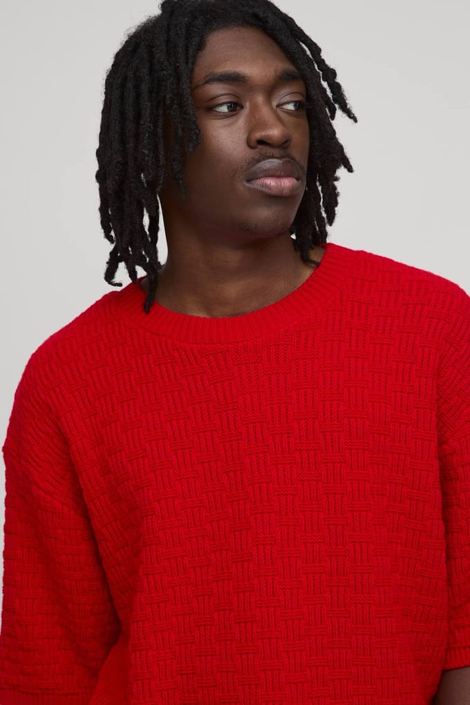 Boxy Fit Textured Stitch Knitted T-Shirt | Size Large