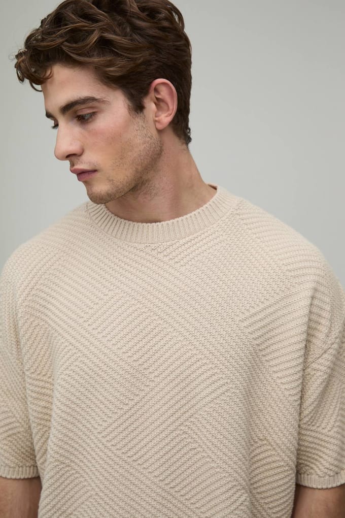 Oversized Geometric Textured Stitch Knitted T-Shirt | Stone | Size Small