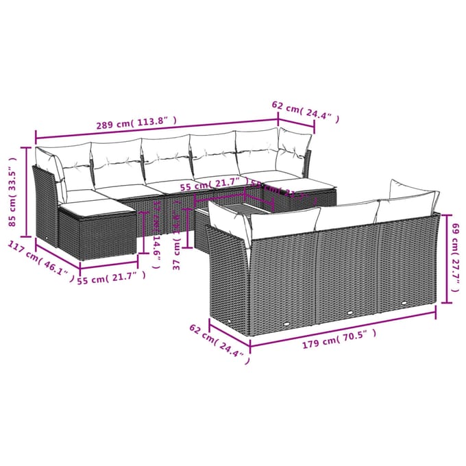 vidaXL - 11-delige - Tuinset - met - kussens - poly - rattan - beige