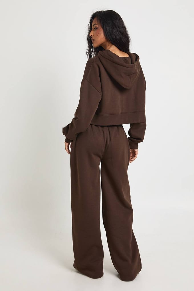 boohoo Dames Diepe zoom croptop 3-delig trainingspak met capuchon | Chocoladebruin | Maat: Small