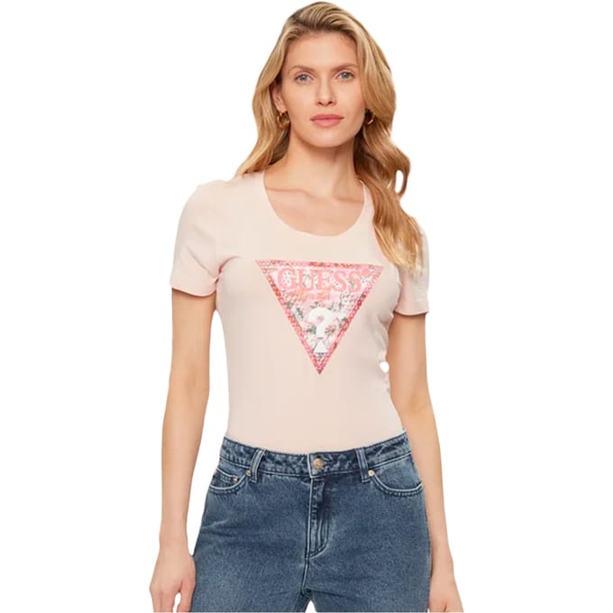 Guess SS RN Satin Triangle Tee Dames T-Shirt - Wanna Be Pink - Maat S