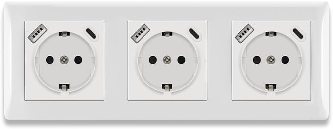 Inbouw Stopcontact 3-voudig met USB A & USB C Poort - 16A Geaard Wandcontactdoos Wit