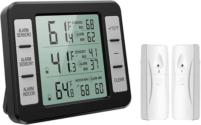 Digitale Thermometer - Hygrometer Vriezer - Temperatuur Bewaken - Dubbele Draadloze Sensoren - 100m Bereik - Zwart