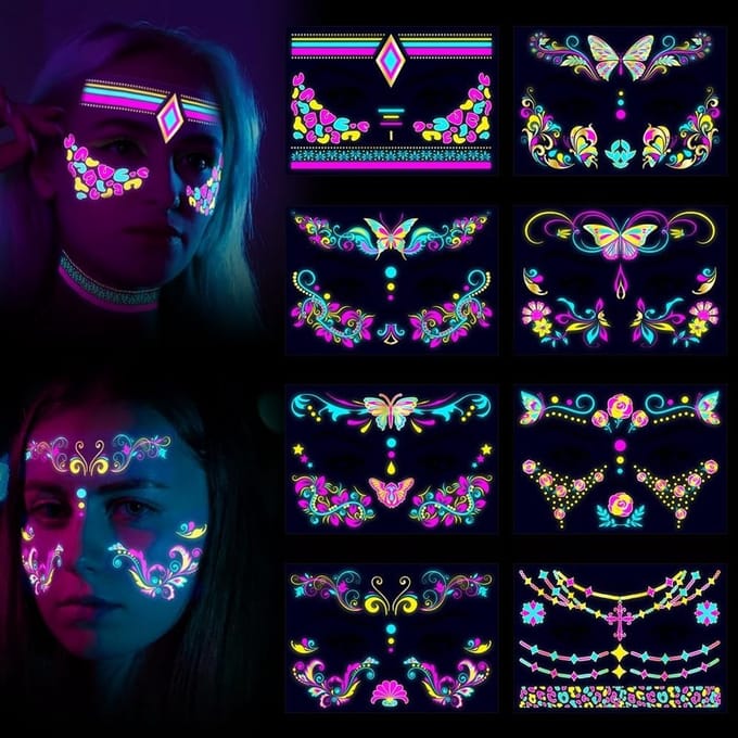 Luminous Neon Face Tattoos met UV-effect, Waterproof Stickers voor Festivals, Rave en Make-up Accessoires