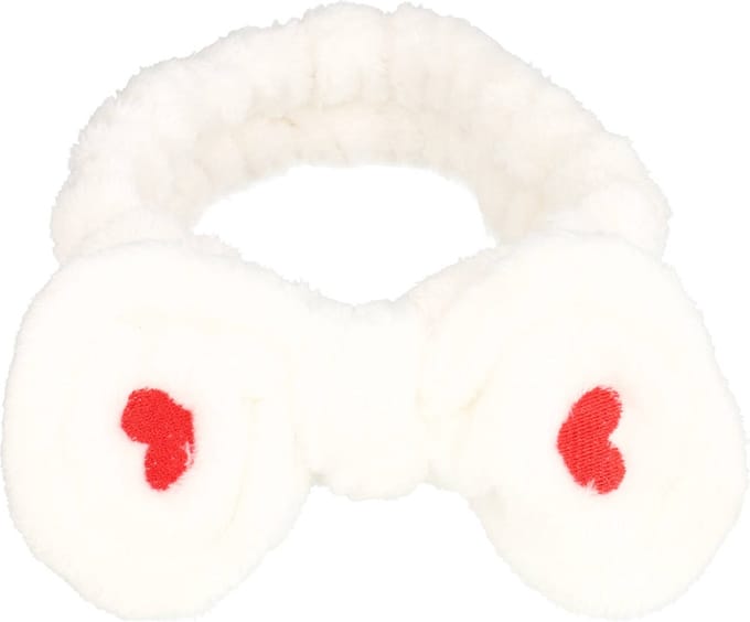 Haarsoires Make-Up Haarband – Hartjesprint – Teddy met Strik – Wit - Skincare & Spa Hoofdband
