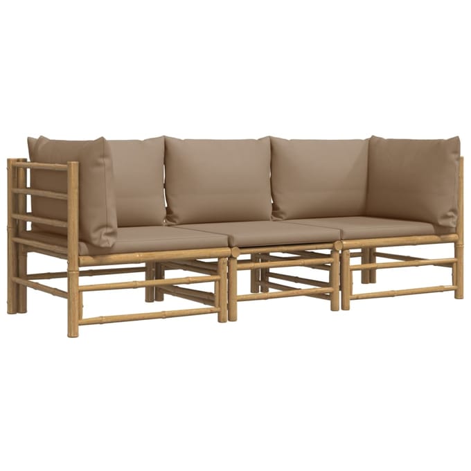 vidaXL - 3-delige - Loungeset - met - kussens - bamboe - taupe