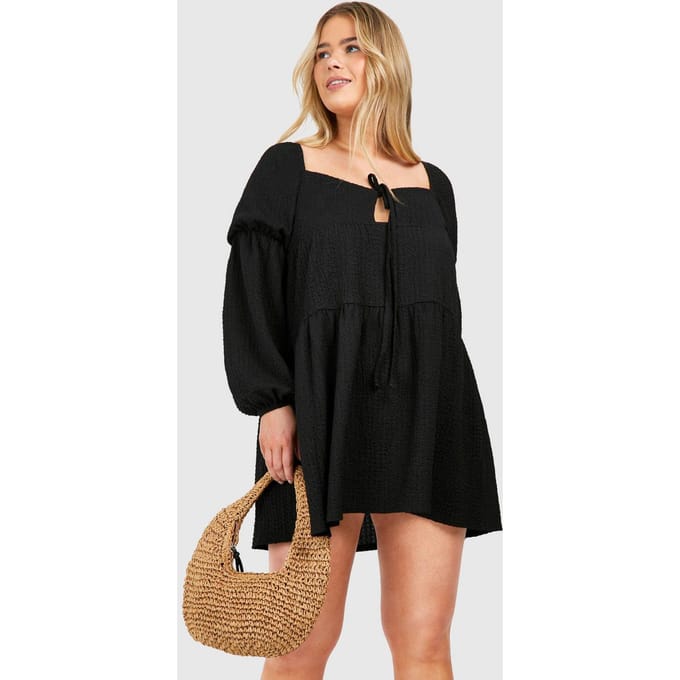 boohoo Dames Plus Gestructureerde Gelaagde Smock Jurk | Zwart | Maat: 44