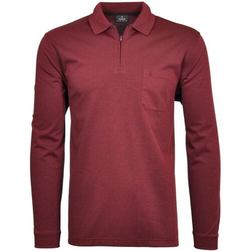 Ragman Zipper Softknit Polo Longsleeve Breast Pocket Terra Red / male