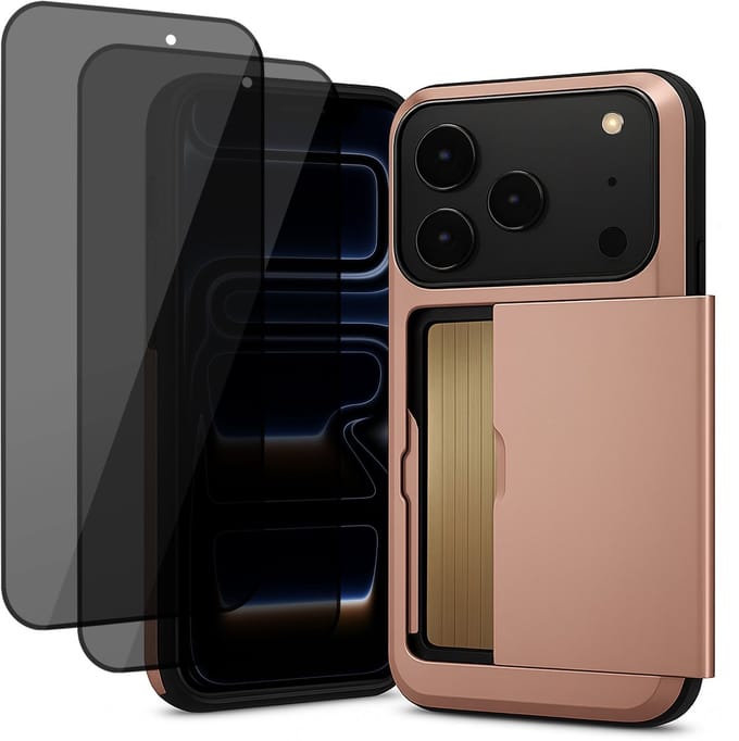 Hoesje met Pasjeshouder geschikt voor iPhone 17 Pro Max - 2x Privacy Screen Protector FullGuard - Back Cover SlideCase Roségoud & Screenprotector