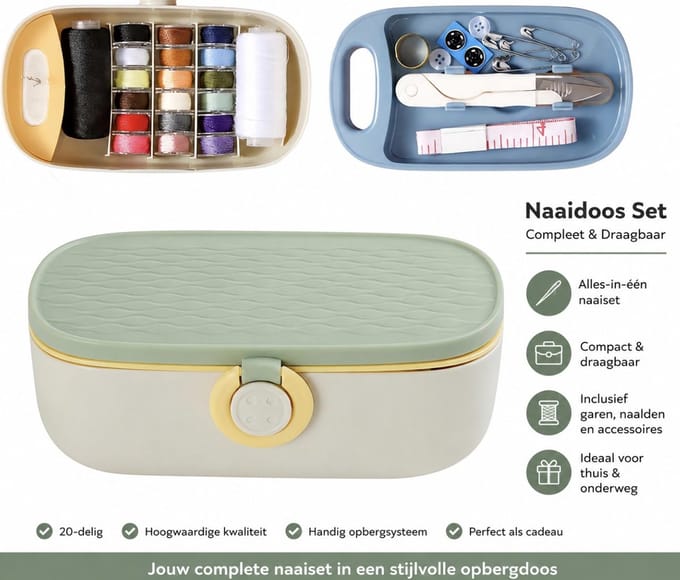 BSS® Naaidoos Opbergbox – Complete Draagbare Naaiset met Compartimenten en Naaibenodigdheden - Lichtgroen