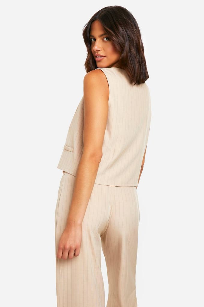 boohoo Dames Pinstripe Tie Front Tailored Waistcoat | Stone | Maat: 8