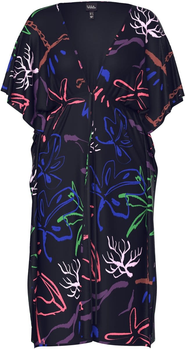 Ulla Popken - Dames - Kaftan strandmotief V-hals korte mouw - Zwart - Maat 1+