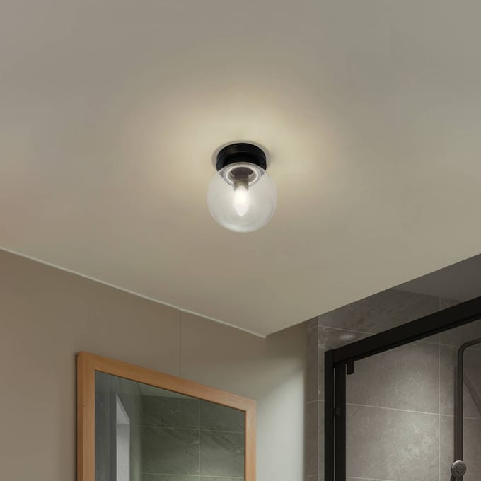 Lucande - Plafondlamp badkamer - 1licht - Glas, staal - H: 18 cm - E14 - zwart, helder