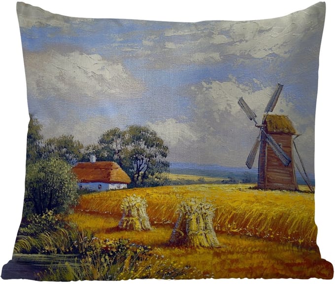 Buitenkussen - Schilderij - Boerderij - Molen - Olieverf - 45x45 cm - Weerbestendig