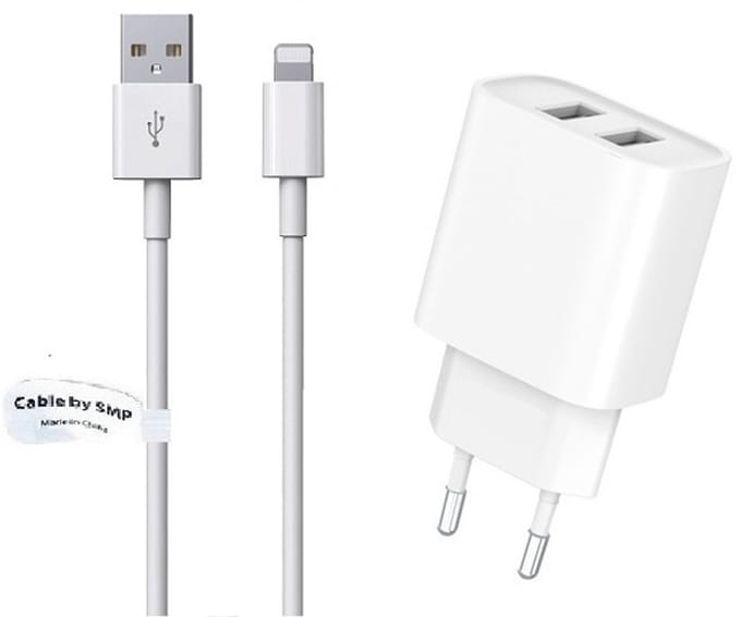OneOne 2.4A lader met 2 poorten + 1,5m OneOne Lightning kabel. Oplader adapter past op Apple iPhone 5, iPhone 5c, iPhone 5s, iPhone 6, iPhone 6 Plus, iPhone 6s, iPhone 7, iPhone 7 Plus, iPhone 8, iPhone 8 Plus, iPhone SE, iPhone X
