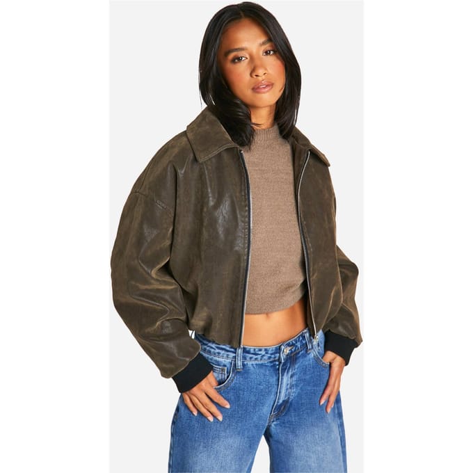 boohoo Dames Petite Vintage Look Bomberjack van kunstleer | Bruin | Maat: 42