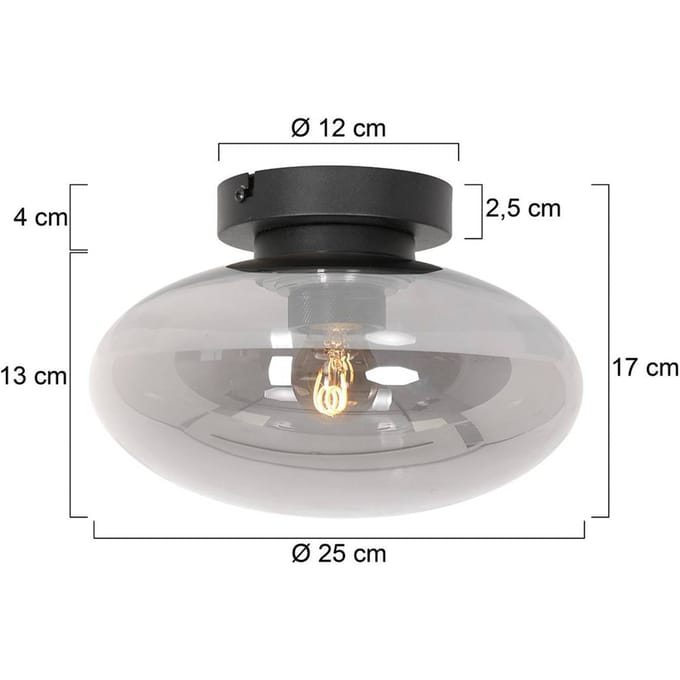 Plafondlamp Reflexion Smoke 25cm Zwart Metaal en Glas Steinhauer