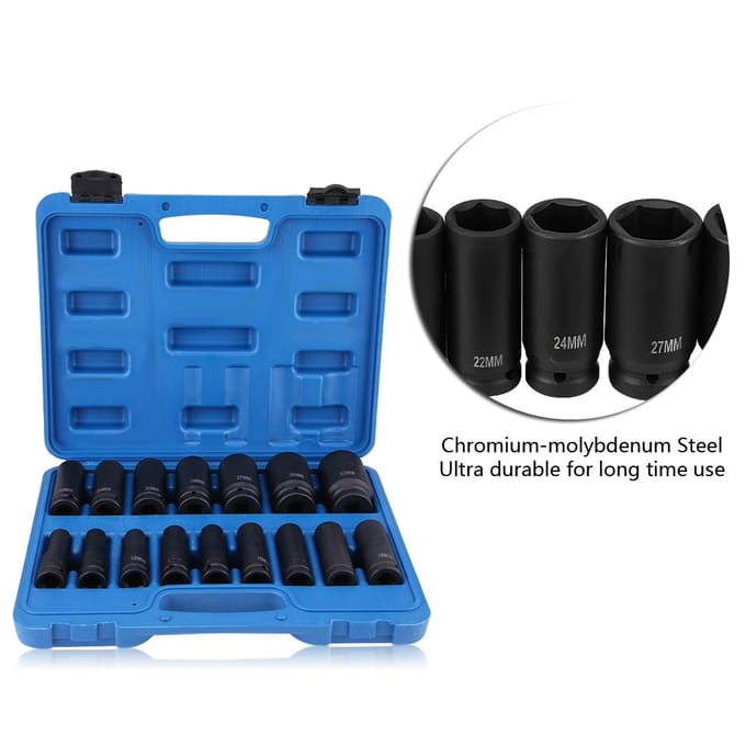 16 Delen 12  Inch Aandrijving Lucht Zeskant Bit Dop Set Reparatie Gereedschapskist 10MM32MM zwart