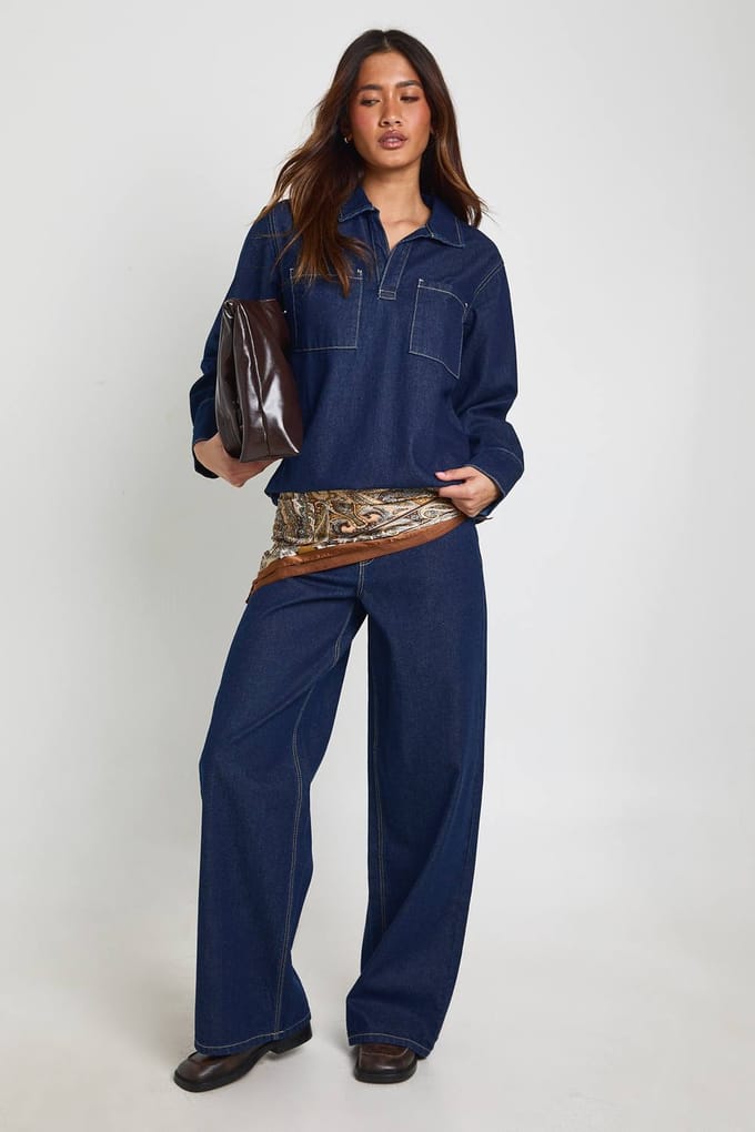 boohoo Dames Denim Rugby Shirt Met Kraag | Indigo | Maat: 8