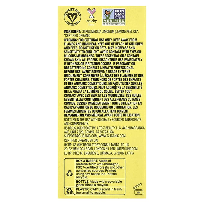 Cliganic, huile essentielle 100 % pure, huile de citron, 0,33 fl oz (10 ml)