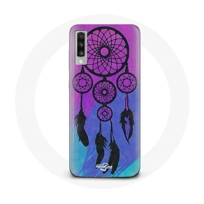 Coque pour Samsung Galaxy A70 Attrape Rêve Noir Fond Bleu et Violet