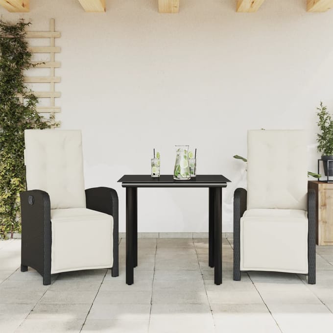 vidaXL - 3-delige - Bistroset - met - kussens - poly - rattan - zwart