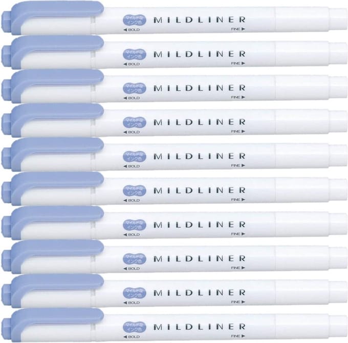 Zebra Mildliner Double-Sided Highlighter - Fine / Bold – Mild Dark Blue, Set van 10 + een Luxe Zipperbag - WKT7-MDB