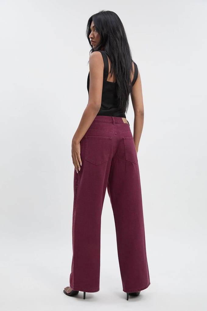 boohoo Dames Versierde Hoge Taille Wijde Pijpen Jeans | Burgundy | Maat: 14