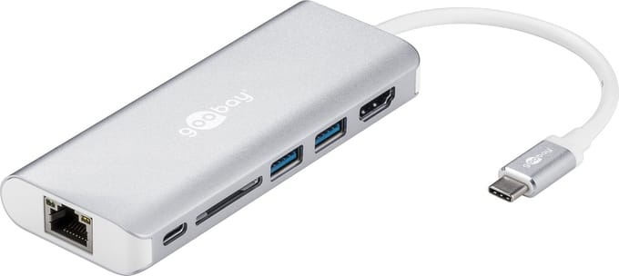 Goobay USB-C-multipoortadapter naar HDMI, USB-A, kaartlezer, RJ45, aluminium, zilveren