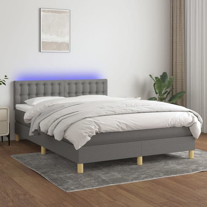 vidaXL - Boxspring - met - matras - en - LED - stof - donkergrijs - 140x190 - cm