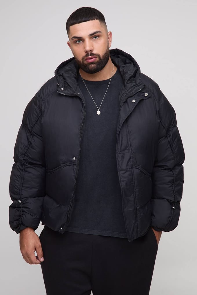 Plus Oversized Fit Ruched Sleeve Panelled Puffer Jacket | Black | Size 2XL