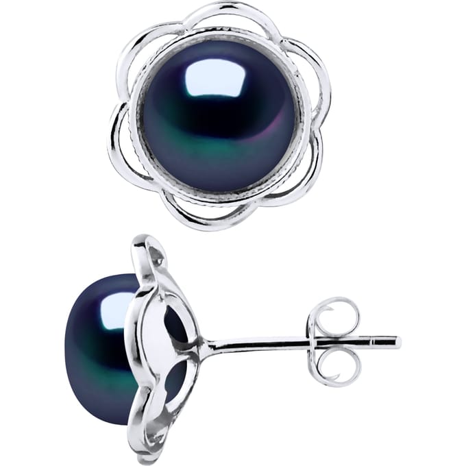 Stud Oorbellen FLOWER Beads Freshwater 89mm Zwarte Knopen 925