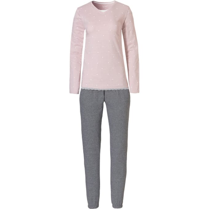By Louise Dames Pyjama Set Lang Katoen Roze / Grijs - Maat XXL