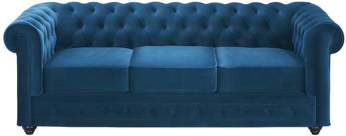 Vente-unique Driezitsbank en 2 fauteuils CHESTERFIELD - velours - groenblauw