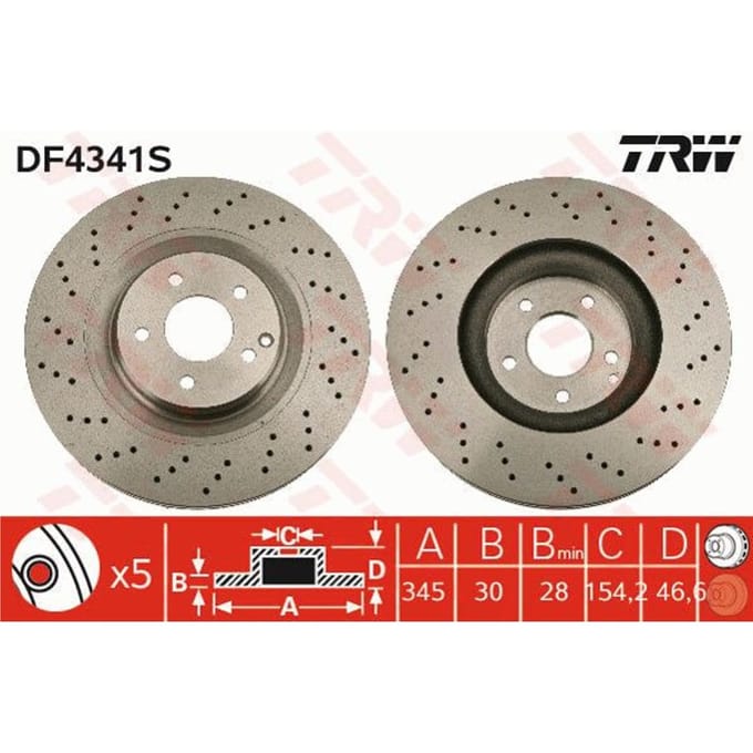 Remschijf TRW DF4341S voorkant, geperforeerd, sleuf, sterk gecarboniseerd, 1 Stuk